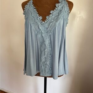 Elegant Lace Trim Blue Women's Top